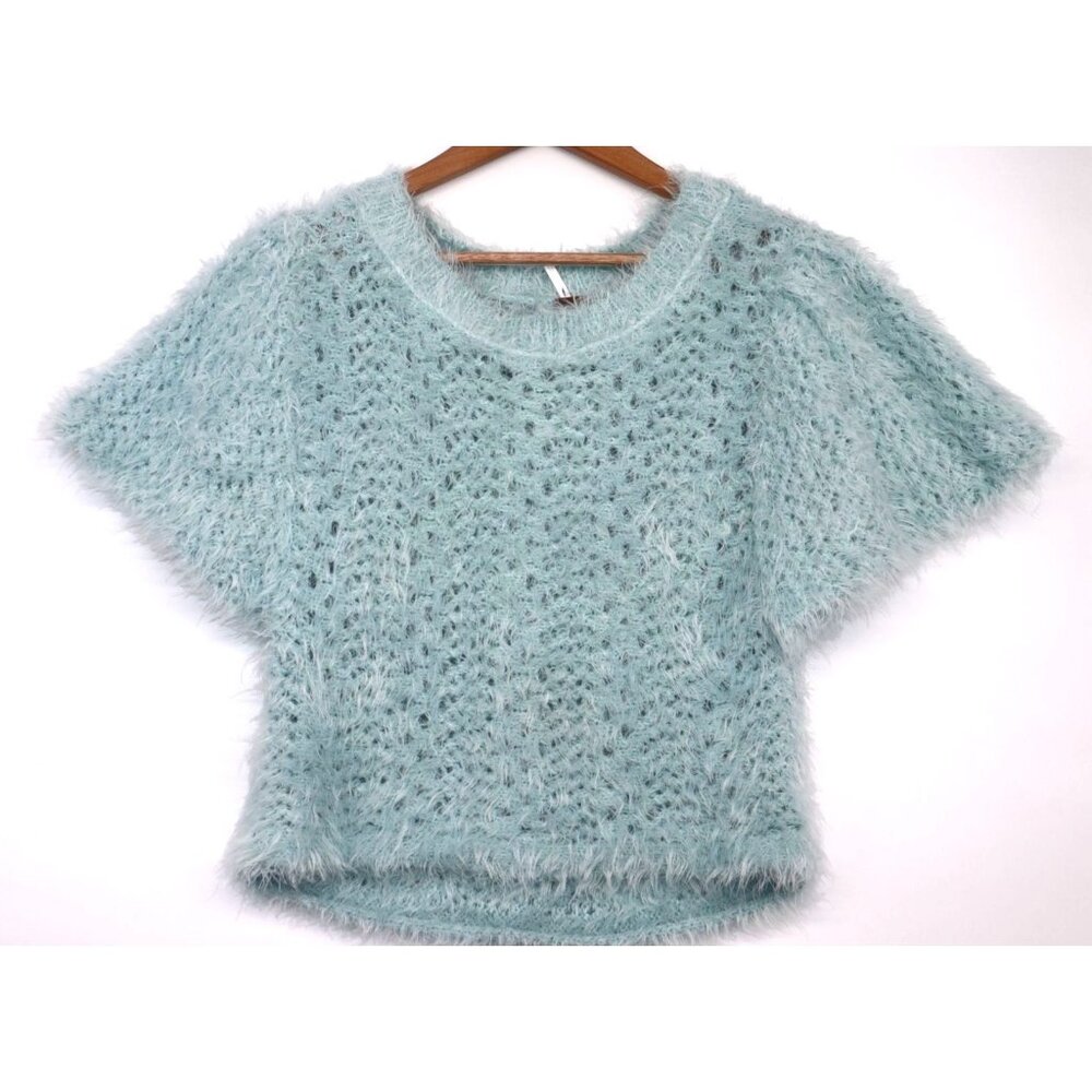 Free People Light Blue Fluffy Knit Short Batwing Sleeve Sweater Womens XL Party